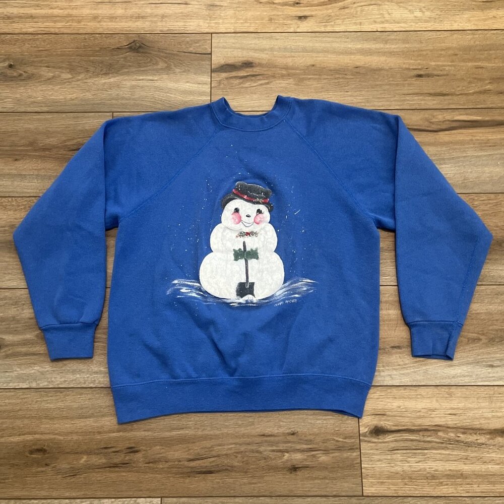 Vintage Snowman Sweatshirt SZ Large Blue Painted Christmas Holiday Sweater